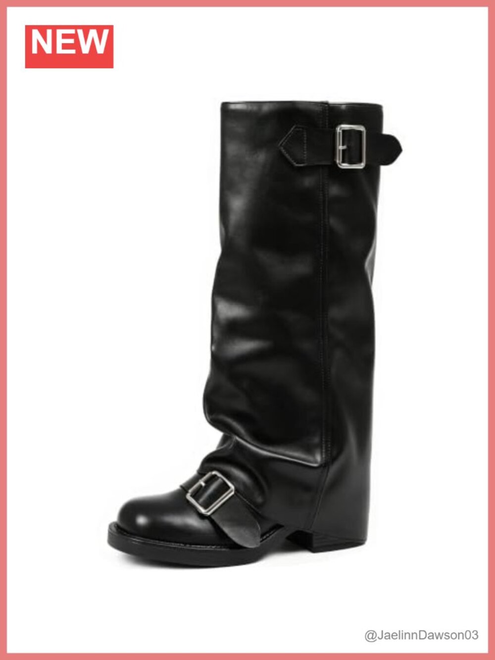 Fold Over Knee High Boots Women Chunky Block Heel Slouchy Buckle Pull On Round